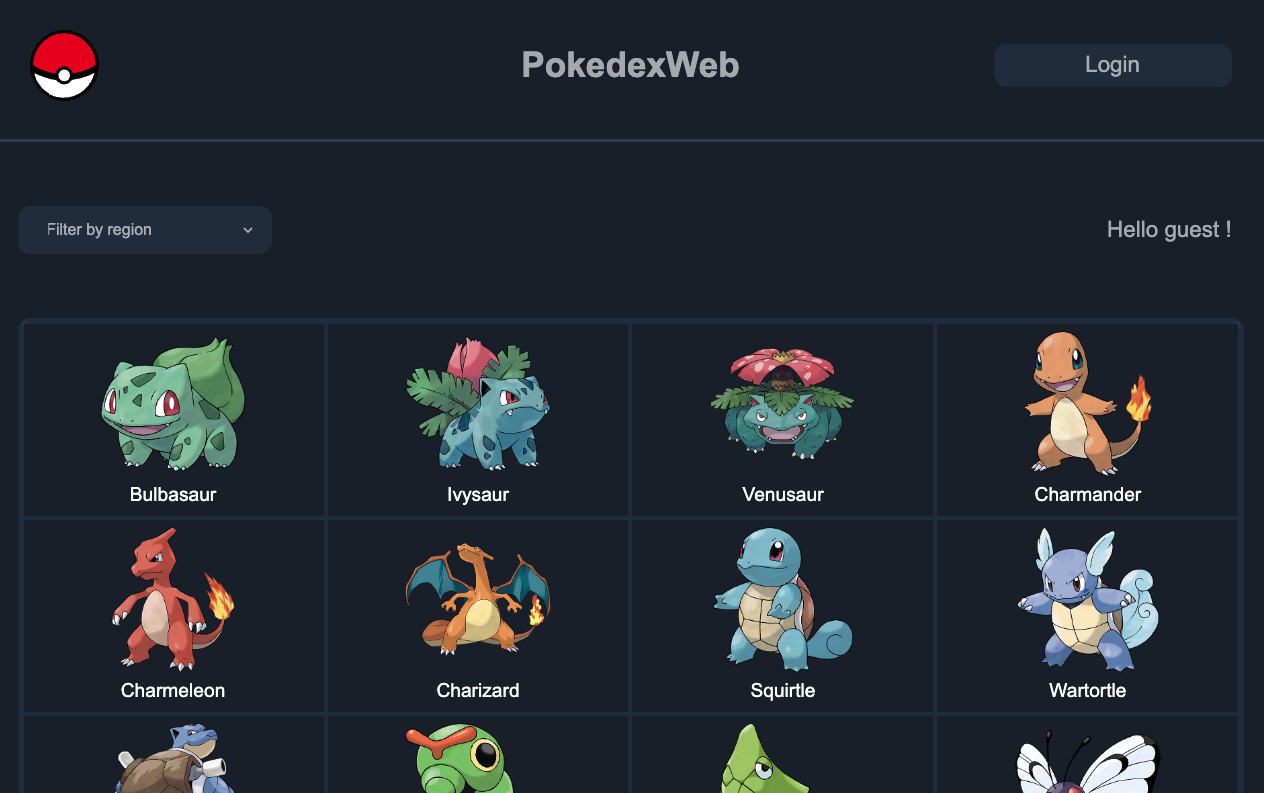 HomePage of PokedexWeb, showing some pokemons
